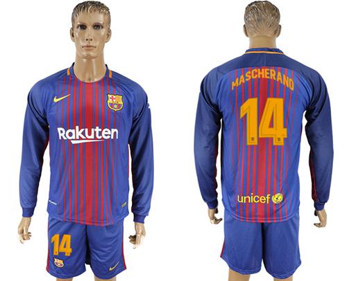 Barcelona #14 Mascherano Home Long Sleeves Soccer Club Jersey